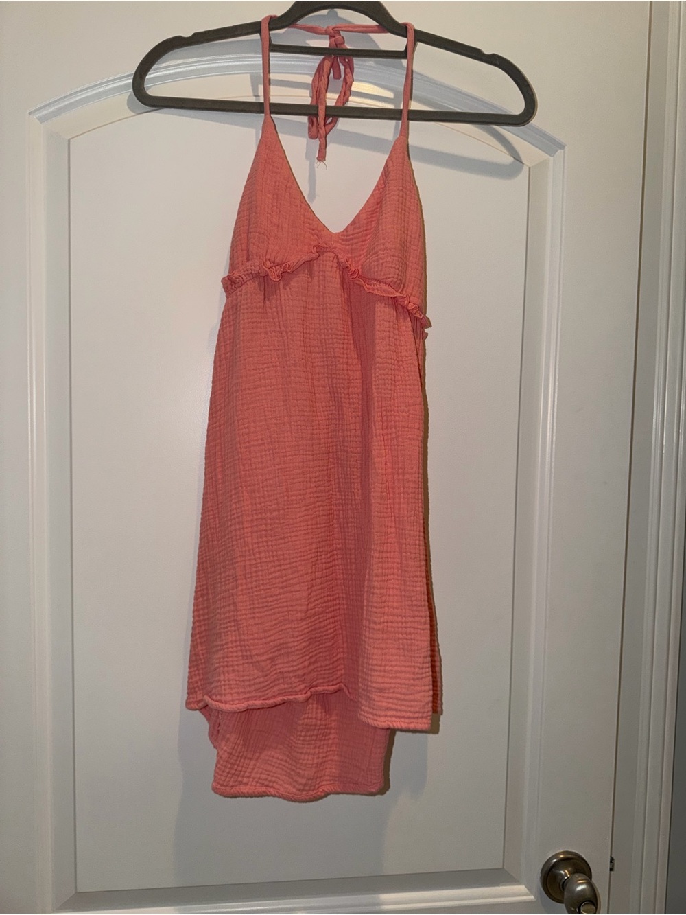 PINK LILY Coral Gauze Halter Mini Dress